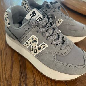 New Balance 574 Plus Gray and Leopard Sneakers